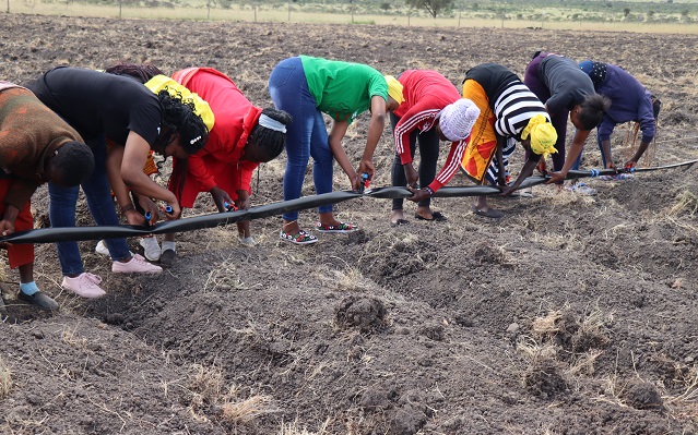 The Kokosho women group participating in a training session on drip irrigation installation