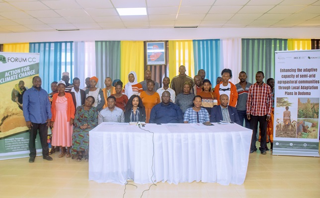 A group photo of the FORUMCC Leadership and Management, the two districts (Mpwapwa & Chamwino) heads of departments of Land, water, Livestock, Environment and Agriculture, members with the Guest of honor immediately after an official launching of the project held early October in Chamwino district.